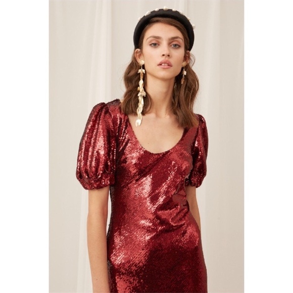 KEEPSAKE THE LABEL Farewell Sequined Puff Sleeve Midi Dress, Red, Size 00, NWT! - Picture 3 of 10